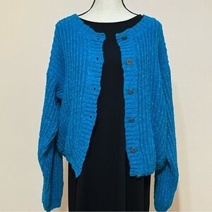 Vintage L.L. Bean Teal Linen Blend Button Up Chunky Knit Cardigan Size L